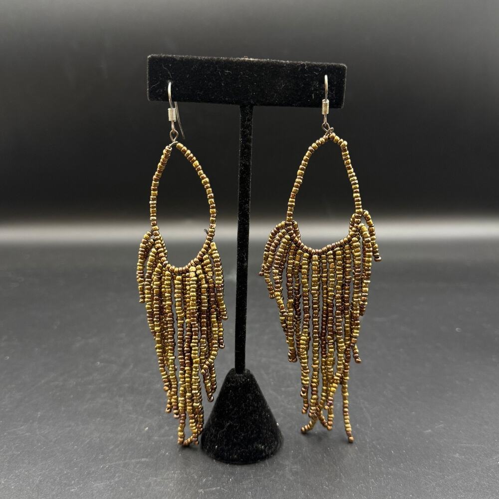 Vintage Handmade Bohemian Style Earrings Bronze Beaded Teardrop Fringe Dangle
